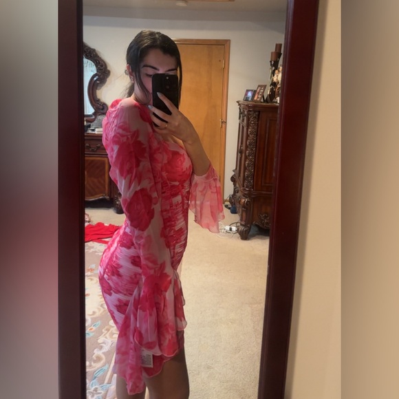 ASOS LUXE chiffon ruched corset long sleeve mini dress in pink floral - Picture 2 of 14